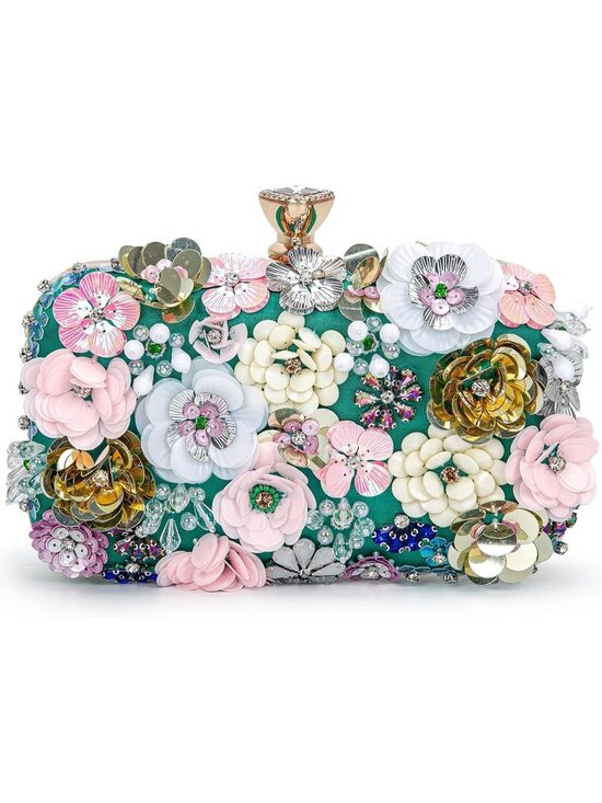 Handbags - Women's Green Floral Beaded Chain Strap Party Prom Clutch Purse Evening Bag